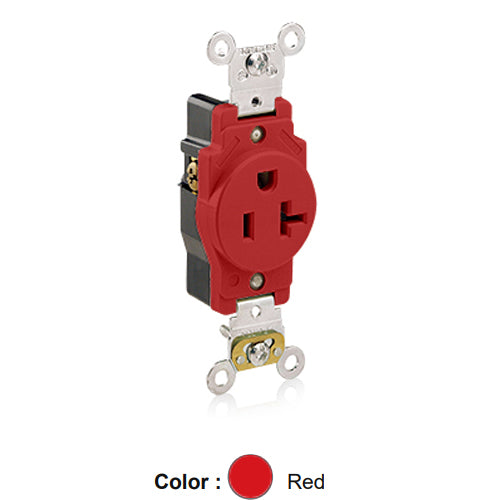 Leviton 5361-R, Standard Straight Blade Single Receptacle, Heavy-Duty Industrial Specification Grade, Smooth Face, 20A 125V, NEMA 5-20R, 2-Pole, 3-Wire, Back and Side Wire, Red