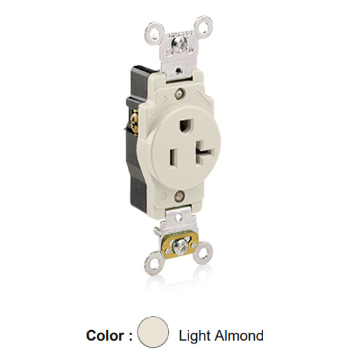 Leviton 5361-T, Standard Straight Blade Single Receptacle, Heavy-Duty Industrial Specification Grade, Smooth Face, 20A 125V, NEMA 5-20R, 2-Pole, 3-Wire, Back and Side Wire, Light Almond