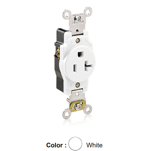 Leviton 5361-W, Standard Straight Blade Single Receptacle, Heavy-Duty Industrial Specification Grade, Smooth Face, 20A 125V, NEMA 5-20R, 2-Pole, 3-Wire, Back and Side Wire, White