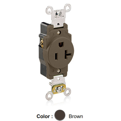 Leviton 5361, Standard Straight Blade Single Receptacle, Heavy-Duty Industrial Specification Grade, Smooth Face, 20A 125V, NEMA 5-20R, 2-Pole, 3-Wire, Back and Side Wire, Brown