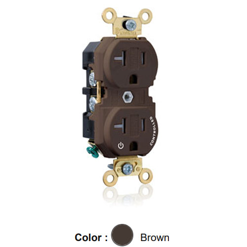 Leviton 5362-1P, Standard Straight Blade Duplex Receptacle, Extra Heavy-Duty Industrial Specification Grade, Split-Circuit, One Outlet Marked ''Controlled'', Tamper-Resistant, Smooth Face, 20A 125V, NEMA 5-20R, 2-Pole, 3-Wire, Back and Side Wire, Brown