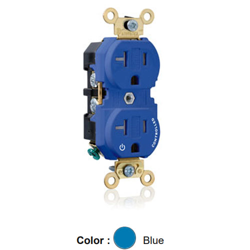 Leviton 5362-1PB, Standard Straight Blade Duplex Receptacle, Extra Heavy-Duty Industrial Specification Grade, Split-Circuit, One Outlet Marked ''Controlled'', Tamper-Resistant, Smooth Face, 20A 125V, NEMA 5-20R, 2-Pole, 3-Wire, Back and Side Wire, Blue