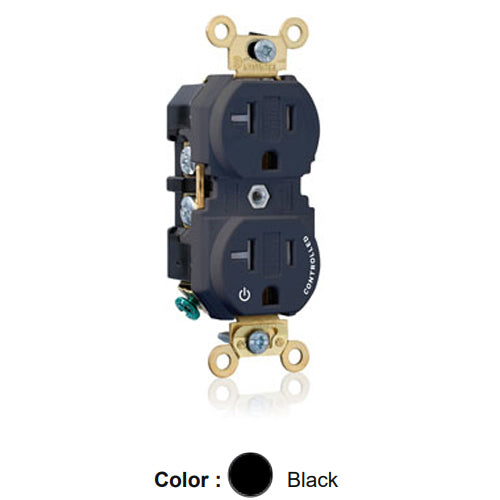 Leviton 5362-1PE, Standard Straight Blade Duplex Receptacle, Extra Heavy-Duty Industrial Specification Grade, Split-Circuit, One Outlet Marked ''Controlled'', Tamper-Resistant, Smooth Face, 20A 125V, NEMA 5-20R, 2-Pole, 3-Wire, Back and Side Wire, Black