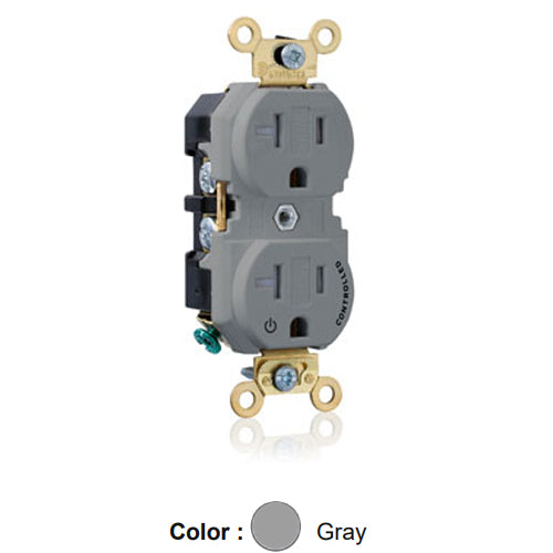 Leviton 5362-1PG, Standard Straight Blade Duplex Receptacle, Extra Heavy-Duty Industrial Specification Grade, Split-Circuit, One Outlet Marked ''Controlled'', Tamper-Resistant, Smooth Face, 20A 125V, NEMA 5-20R, 2-Pole, 3-Wire, Back and Side Wire, Gray