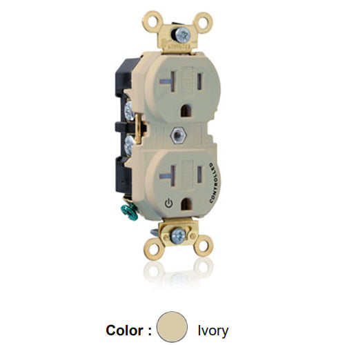 Leviton 5362-1PI, Standard Straight Blade Duplex Receptacle, Extra Heavy-Duty Industrial Specification Grade, Split-Circuit, One Outlet Marked ''Controlled'', Tamper-Resistant, Smooth Face, 20A 125V, NEMA 5-20R, 2-Pole, 3-Wire, Back and Side Wire, Ivory