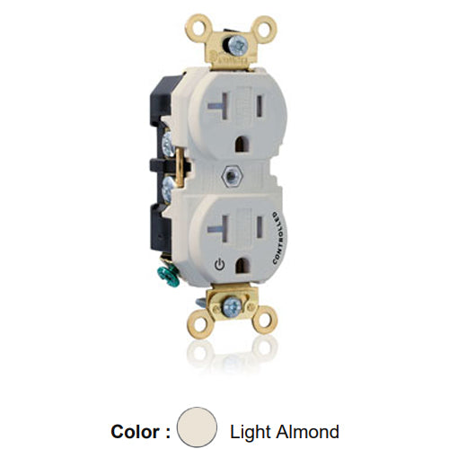Leviton 5362-1PT, Standard Straight Blade Duplex Receptacle, Extra Heavy-Duty Industrial Specification Grade, Split-Circuit, One Outlet Marked ''Controlled'', Tamper-Resistant, 20A 125V, NEMA 5-20R, 2-Pole, 3-Wire, Back and Side Wire, Light Almond