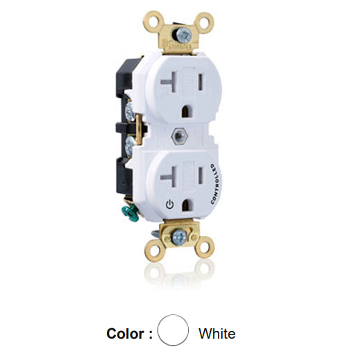 Leviton 5362-1PW, Standard Straight Blade Duplex Receptacle, Extra Heavy-Duty Industrial Specification Grade, Split-Circuit, One Outlet Marked ''Controlled'', Tamper-Resistant, 20A 125V, NEMA 5-20R, 2-Pole, 3-Wire, Back and Side Wire, White