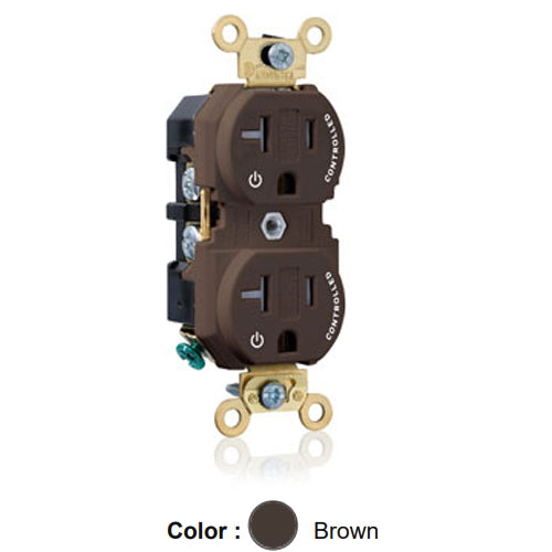 Leviton 5362-2P, Standard Straight Blade Duplex Receptacle, Extra Heavy-Duty Industrial Specification Grade, Two Outlets Marked ''Controlled'', Tamper-Resistant, Smooth Face, 20A 125V, NEMA 5-20R, 2-Pole, 3-Wire, Back and Side Wire, Brown