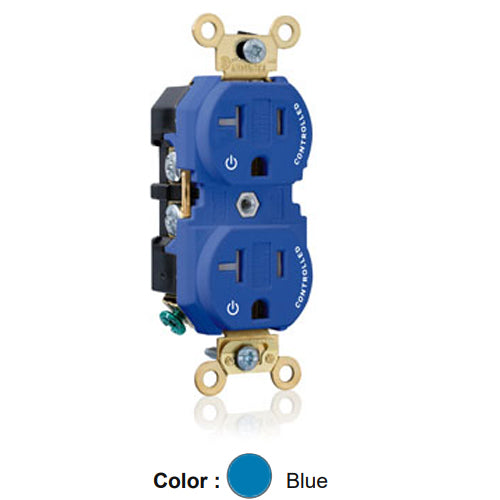 Leviton 5362-2PB, Standard Straight Blade Duplex Receptacle, Extra Heavy-Duty Industrial Specification Grade, Two Outlets Marked ''Controlled'', Tamper-Resistant, Smooth Face, 20A 125V, NEMA 5-20R, 2-Pole, 3-Wire, Back and Side Wire, Blue