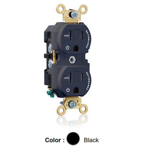 Leviton 5362-2PE, Standard Straight Blade Duplex Receptacle, Extra Heavy-Duty Industrial Specification Grade, Two Outlets Marked ''Controlled'', Tamper-Resistant, Smooth Face, 20A 125V, NEMA 5-20R, 2-Pole, 3-Wire, Back and Side Wire, Black