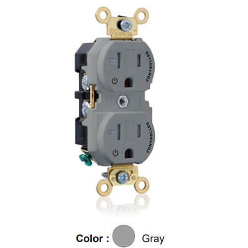 Leviton 5362-2PG, Standard Straight Blade Duplex Receptacle, Extra Heavy-Duty Industrial Specification Grade, Two Outlets Marked ''Controlled'', Tamper-Resistant, Smooth Face, 20A 125V, NEMA 5-20R, 2-Pole, 3-Wire, Back and Side Wire, Gray