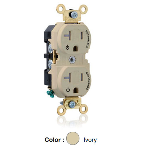 Leviton 5362-2PI, Standard Straight Blade Duplex Receptacle, Extra Heavy-Duty Industrial Specification Grade, Two Outlets Marked ''Controlled'', Tamper-Resistant, Smooth Face, 20A 125V, NEMA 5-20R, 2-Pole, 3-Wire, Back and Side Wire, Ivory
