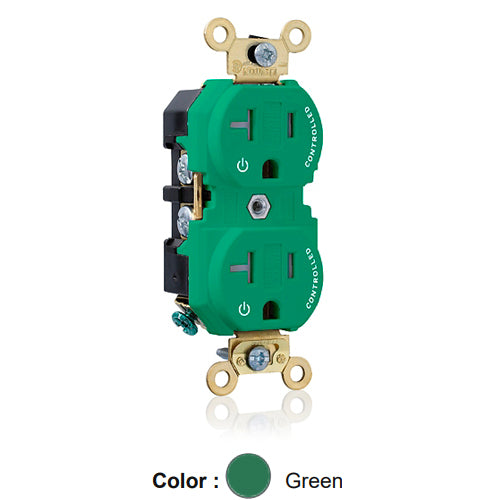 Leviton 5362-2PN, Standard Straight Blade Duplex Receptacle, Extra Heavy-Duty Industrial Specification Grade, Two Outlets Marked ''Controlled'', Tamper-Resistant, Smooth Face, 20A 125V, NEMA 5-20R, 2-Pole, 3-Wire, Back and Side Wire, Green