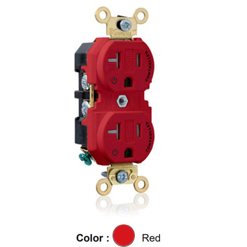Leviton 5362-2PR, Standard Straight Blade Duplex Receptacle, Extra Heavy-Duty Industrial Specification Grade, Two Outlets Marked ''Controlled'', Tamper-Resistant, Smooth Face, 20A 125V, NEMA 5-20R, 2-Pole, 3-Wire, Back and Side Wire, Red