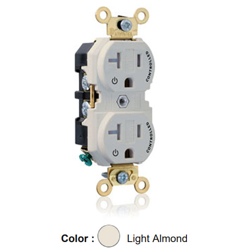 Leviton 5362-2PT, Standard Straight Blade Duplex Receptacle, Extra Heavy-Duty Industrial Specification Grade, Two Outlets Marked ''Controlled'', Tamper-Resistant, Smooth Face, 20A 125V, NEMA 5-20R, 2-Pole, 3-Wire, Back and Side Wire, Light Almond