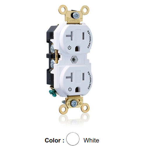 Leviton 5362-2PW, Standard Straight Blade Duplex Receptacle, Extra Heavy-Duty Industrial Specification Grade, Two Outlets Marked ''Controlled'', Tamper-Resistant, Smooth Face, 20A 125V, NEMA 5-20R, 2-Pole, 3-Wire, Back and Side Wire, White