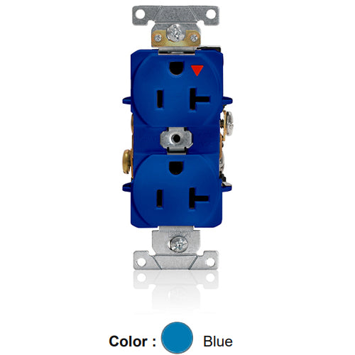 Leviton 5362-BIG, Standard Straight Blade Duplex Receptacle, Heavy-Duty Industrial Specification Grade, Smooth Face, Isolated Ground, 20A 125V, NEMA 5-20R, 2-Pole, 3-Wire, Back and Side Wire, Blue