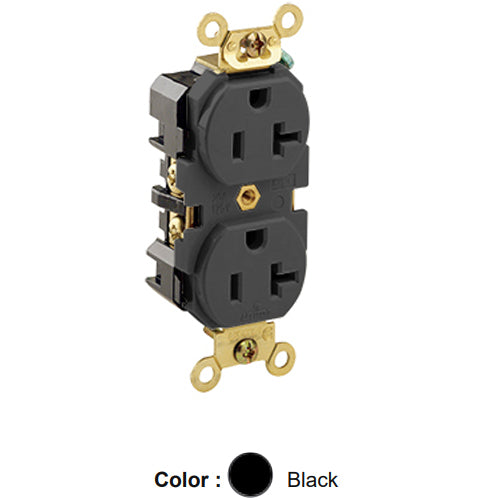 Leviton 5362-E, Standard Straight Blade Duplex Receptacle, Extra Heavy-Duty Industrial Specification Grade, Smooth Face, 20A 125V, NEMA 5-20R, 2-Pole, 3-Wire, Back and Side Wire, Black