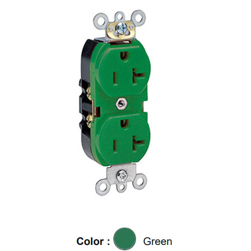 Leviton 5362-GNS, Standard Straight Blade Duplex Receptacle, Heavy-Duty Industrial Specification Grade, Smooth Face, 20A 125V, NEMA 5-20R, 2-Pole, 3-Wire, Back and Side Wire, Steel Strap, Green