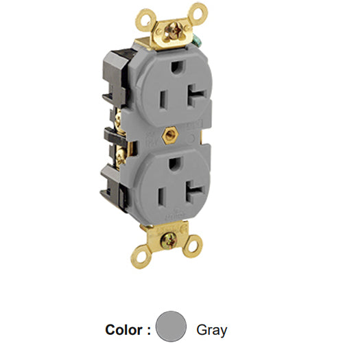 Leviton 5362-GY, Standard Straight Blade Duplex Receptacle, Extra Heavy-Duty Industrial Specification Grade, Smooth Face, 20A 125V, NEMA 5-20R, 2-Pole, 3-Wire, Back and Side Wire, Gray