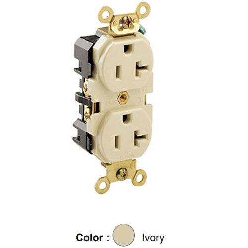 Leviton 5362-I, Standard Straight Blade Duplex Receptacle, Extra Heavy-Duty Industrial Specification Grade, Smooth Face, 20A 125V, NEMA 5-20R, 2-Pole, 3-Wire, Back and Side Wire, Ivory