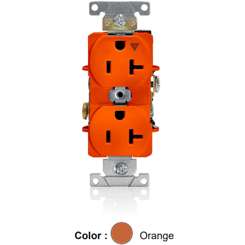 Leviton 5362-IG, Standard Straight Blade Duplex Receptacle, Heavy-Duty Industrial Specification Grade, Smooth Face, Isolated Ground, 20A 125V, NEMA 5-20R, 2-Pole, 3-Wire, Back and Side Wire, Orange