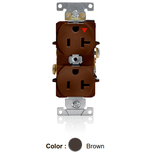 Leviton 5362-IGB, Standard Straight Blade Duplex Receptacle, Heavy-Duty Industrial Specification Grade, Smooth Face, Isolated Ground, 20A 125V, NEMA 5-20R, 2-Pole, 3-Wire, Back and Side Wire, Brown