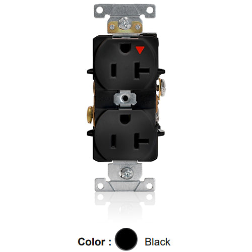 Leviton 5362-IGE, Standard Straight Blade Duplex Receptacle, Heavy-Duty Industrial Specification Grade, Smooth Face, Isolated Ground, 20A 125V, NEMA 5-20R, 2-Pole, 3-Wire, Back and Side Wire, Black