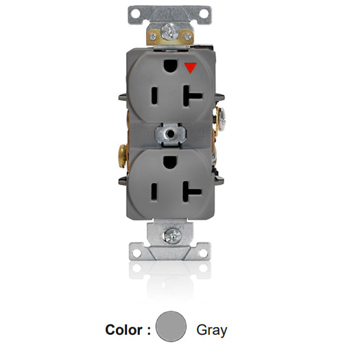 Leviton 5362-IGG, Standard Straight Blade Duplex Receptacle, Heavy-Duty Industrial Specification Grade, Smooth Face, Isolated Ground, 20A 125V, NEMA 5-20R, 2-Pole, 3-Wire, Back and Side Wire, Gray