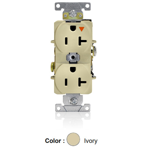 Leviton 5362-IGI, Standard Straight Blade Duplex Receptacle, Heavy-Duty Industrial Specification Grade, Smooth Face, Isolated Ground, 20A 125V, NEMA 5-20R, 2-Pole, 3-Wire, Back and Side Wire, Ivory