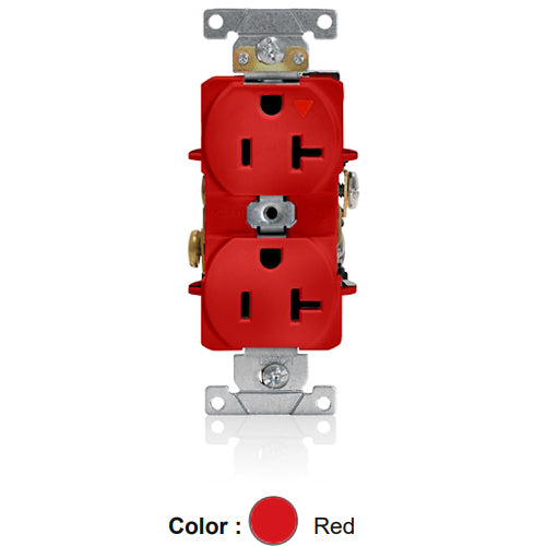 Leviton 5362-IGR, Standard Straight Blade Duplex Receptacle, Heavy-Duty Industrial Specification Grade, Smooth Face, Isolated Ground, 20A 125V, NEMA 5-20R, 2-Pole, 3-Wire, Back and Side Wire, Red