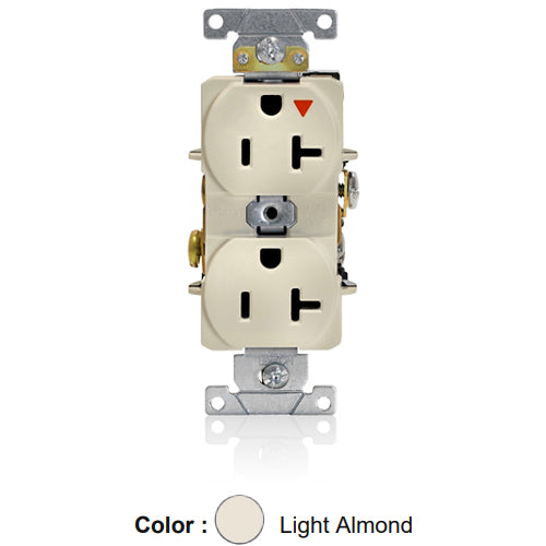 Leviton 5362-IGT, Standard Straight Blade Duplex Receptacle, Heavy-Duty Industrial Specification Grade, Smooth Face, Isolated Ground, 20A 125V, NEMA 5-20R, 2-Pole, 3-Wire, Back and Side Wire, Light Almond