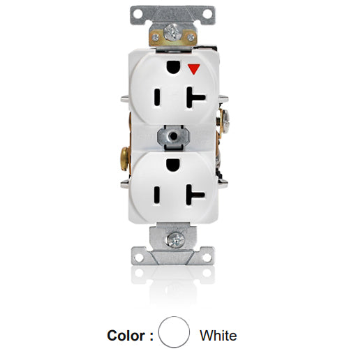 Leviton 5362-IGW, Standard Straight Blade Duplex Receptacle, Heavy-Duty Industrial Specification Grade, Smooth Face, Isolated Ground, 20A 125V, NEMA 5-20R, 2-Pole, 3-Wire, Back and Side Wire, White