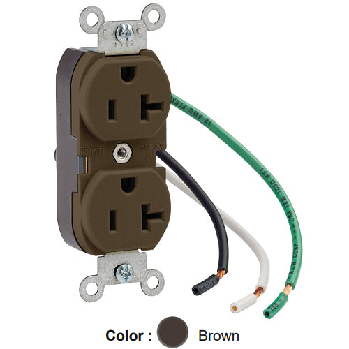 Leviton 5362-L0, Standard Straight Blade Duplex Receptacle, Heavy-Duty Industrial Specification Grade, Smooth Face, 20A 125V, NEMA 5-20R, 2-Pole, 3-Wire, Pre-Wired Leads, Brown