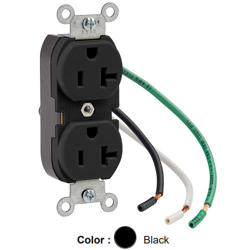 Leviton 5362-LE, Standard Straight Blade Duplex Receptacle, Heavy-Duty Industrial Specification Grade, Smooth Face, 20A 125V, NEMA 5-20R, 2-Pole, 3-Wire, Pre-Wired Leads, Black