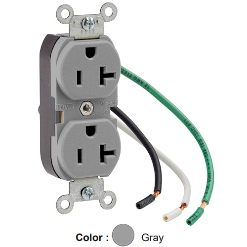 Leviton 5362-LGY, Standard Straight Blade Duplex Receptacle, Heavy-Duty Industrial Specification Grade, Smooth Face, 20A 125V, NEMA 5-20R, 2-Pole, 3-Wire, Pre-Wired Leads, Gray