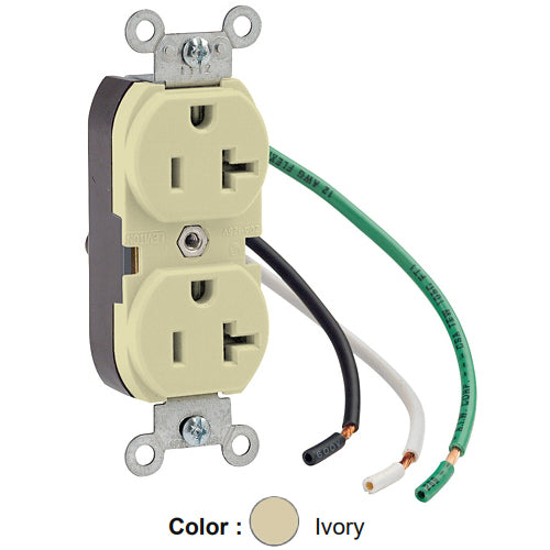 Leviton 5362-LI, Standard Straight Blade Duplex Receptacle, Heavy-Duty Industrial Specification Grade, Smooth Face, 20A 125V, NEMA 5-20R, 2-Pole, 3-Wire, Pre-Wired Leads, Ivory
