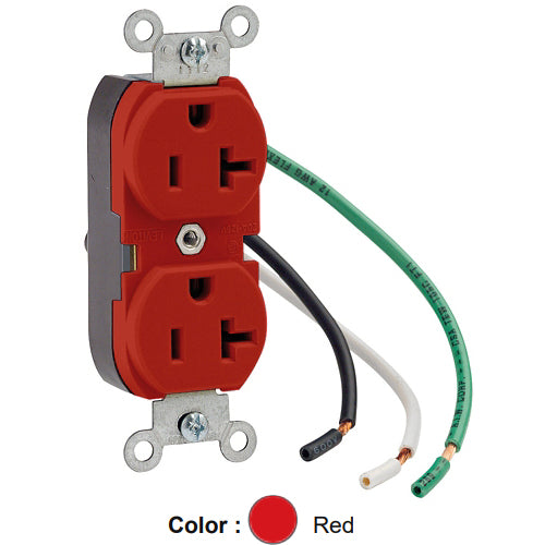 Leviton 5362-LR, Standard Straight Blade Duplex Receptacle, Heavy-Duty Industrial Specification Grade, Smooth Face, 20A 125V, NEMA 5-20R, 2-Pole, 3-Wire, Pre-Wired Leads, Red