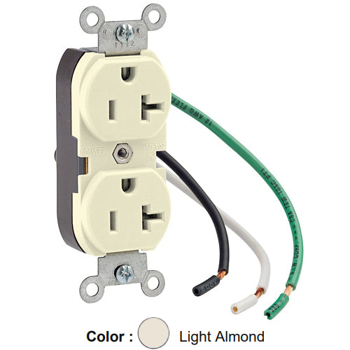 Leviton 5362-LT, Standard Straight Blade Duplex Receptacle, Heavy-Duty Industrial Specification Grade, Smooth Face, 20A 125V, NEMA 5-20R, 2-Pole, 3-Wire, Pre-Wired Leads, Light Almond
