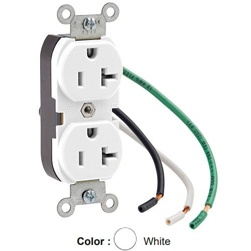 Leviton 5362-LW, Standard Straight Blade Duplex Receptacle, Heavy-Duty Industrial Specification Grade, Smooth Face, 20A 125V, NEMA 5-20R, 2-Pole, 3-Wire, Pre-Wired Leads, White