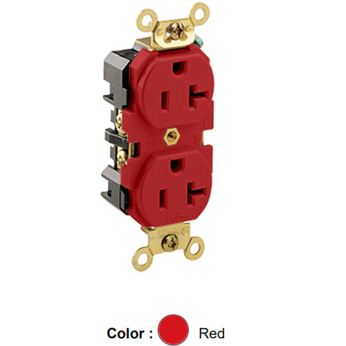 Leviton 5362-R, Standard Straight Blade Duplex Receptacle, Extra Heavy-Duty Industrial Specification Grade, Smooth Face, 20A 125V, NEMA 5-20R, 2-Pole, 3-Wire, Back and Side Wire, Red