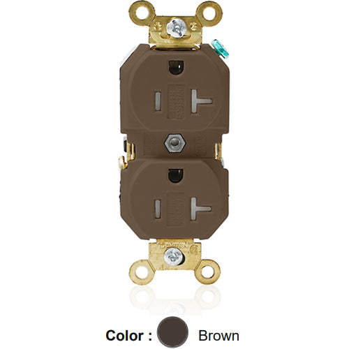 Leviton 5362-SG, Standard Straight Blade Duplex Receptacle, Extra Heavy-Duty Industrial Specification Grade, Smooth Face, Tamper-Resistant, 20A 125V, NEMA 5-20R, 2-Pole, 3-Wire, Back and Side Wire, Brown