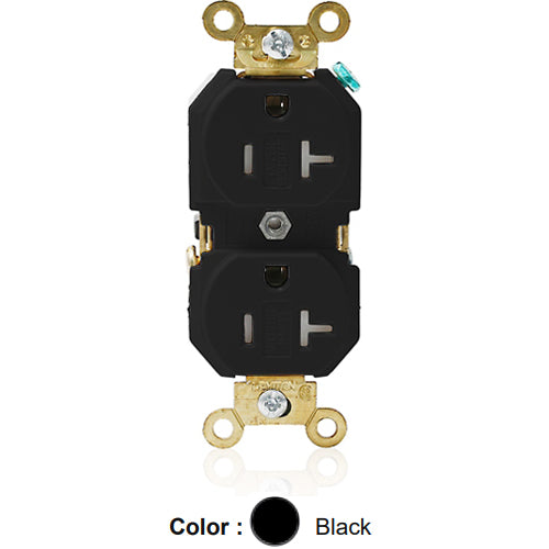 Leviton 5362-SGE, Standard Straight Blade Duplex Receptacle, Extra Heavy-Duty Industrial Specification Grade, Smooth Face, Tamper-Resistant, 20A 125V, NEMA 5-20R, 2-Pole, 3-Wire, Back and Side Wire, Black