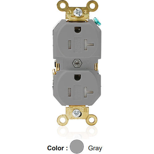 Leviton 5362-SGG, Standard Straight Blade Duplex Receptacle, Extra Heavy-Duty Industrial Specification Grade, Smooth Face, Tamper-Resistant, 20A 125V, NEMA 5-20R, 2-Pole, 3-Wire, Back and Side Wire, Gray