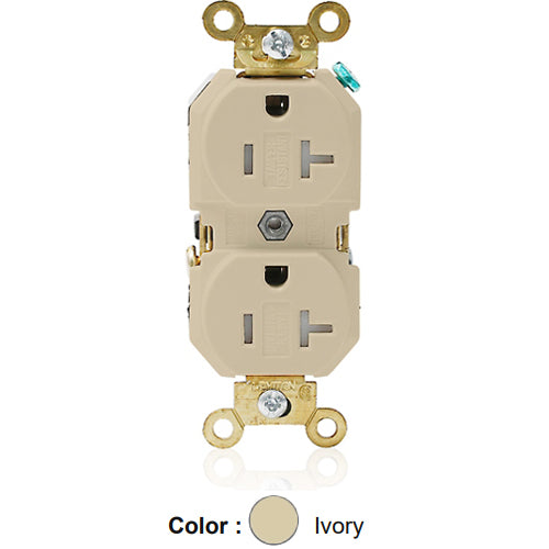 Leviton 5362-SGI, Standard Straight Blade Duplex Receptacle, Extra Heavy-Duty Industrial Specification Grade, Smooth Face, Tamper-Resistant, 20A 125V, NEMA 5-20R, 2-Pole, 3-Wire, Back and Side Wire, Ivory