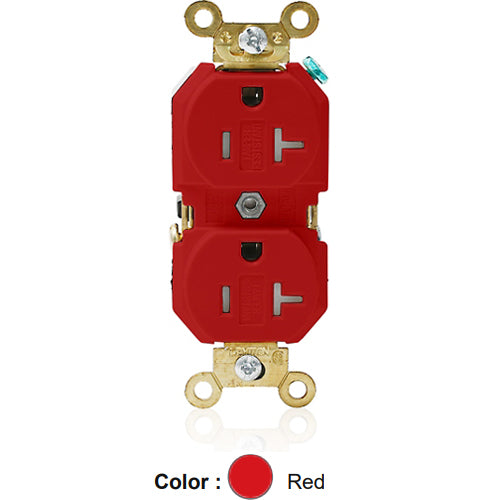 Leviton 5362-SGR, Standard Straight Blade Duplex Receptacle, Extra Heavy-Duty Industrial Specification Grade, Smooth Face, Tamper-Resistant, 20A 125V, NEMA 5-20R, 2-Pole, 3-Wire, Back and Side Wire, Red