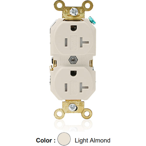 Leviton 5362-SGT, Standard Straight Blade Duplex Receptacle, Extra Heavy-Duty Industrial Specification Grade, Smooth Face, Tamper-Resistant, 20A 125V, NEMA 5-20R, 2-Pole, 3-Wire, Back and Side Wire, Light Almond
