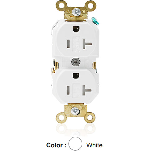 Leviton 5362-SGW, Standard Straight Blade Duplex Receptacle, Extra Heavy-Duty Industrial Specification Grade, Smooth Face, Tamper-Resistant, 20A 125V, NEMA 5-20R, 2-Pole, 3-Wire, Back and Side Wire, White