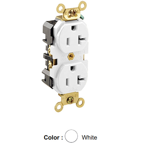 Leviton 5362-W, Standard Straight Blade Duplex Receptacle, Extra Heavy-Duty Industrial Specification Grade, Smooth Face, 20A 125V, NEMA 5-20R, 2-Pole, 3-Wire, Back and Side Wire, White