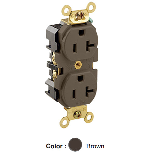 Leviton 5362, Standard Straight Blade Duplex Receptacle, Extra Heavy-Duty Industrial Specification Grade, Smooth Face, 20A 125V, NEMA 5-20R, 2-Pole, 3-Wire, Back and Side Wire, Brown